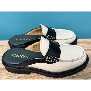 VINNY's Panelled Polished Leather Mules Loafers Off-White Black Wms US 8 EU 38‎